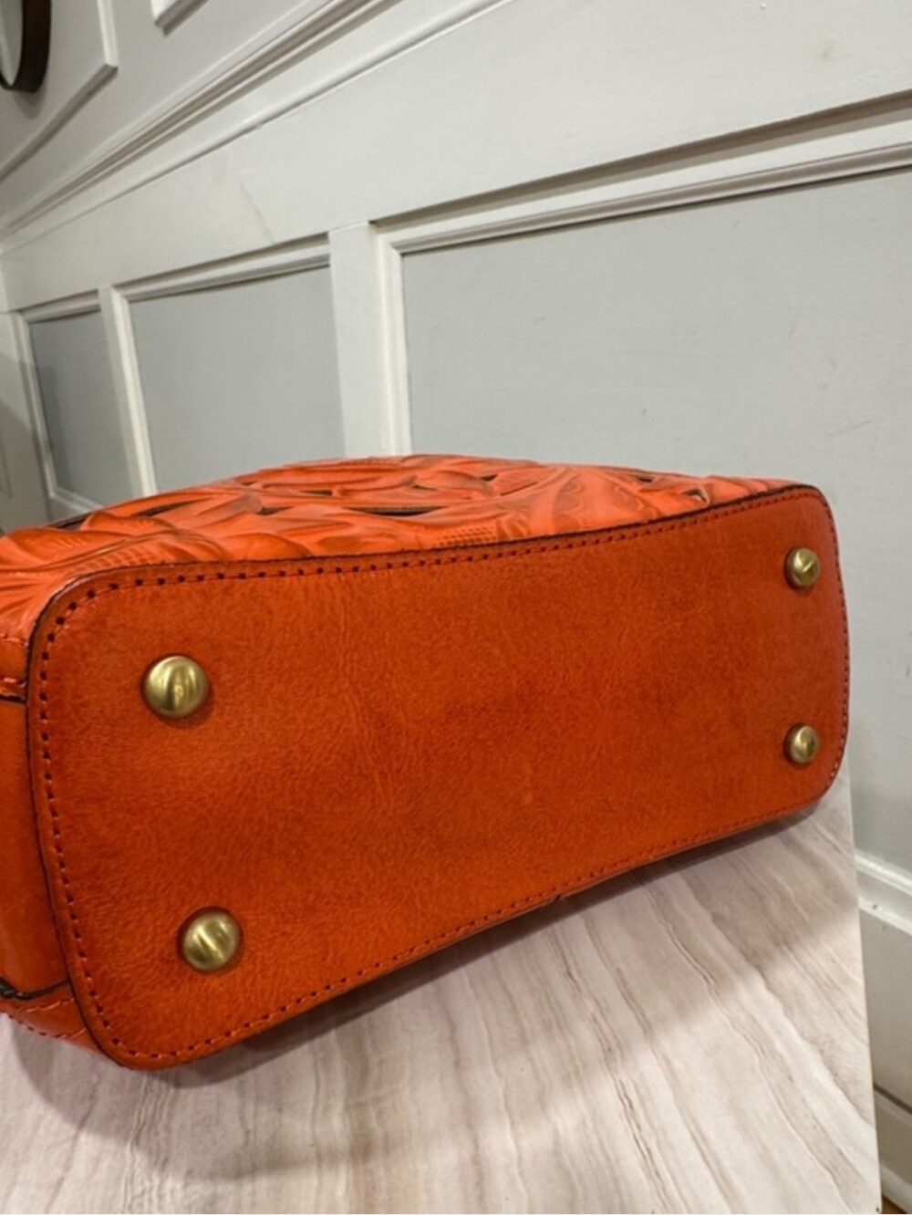 Patricia Nash Bag Aria Double Ring Orange Leather Floral Laser Cut Crossbody - Picture 9 of 16